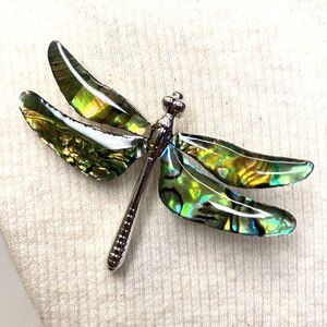 💎Dragonfly Brooch Silver Tone Metal With Abelone Shell Wings